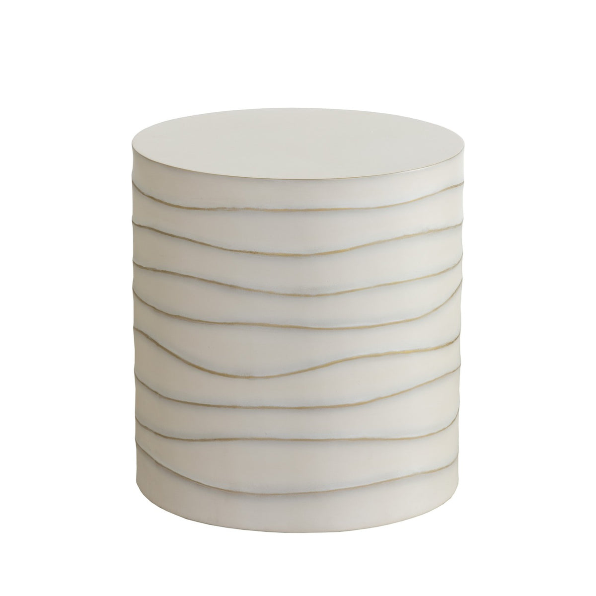 Cream cylindrical side table with a plain circular top and wavy horizontal bands, shown against a white background.