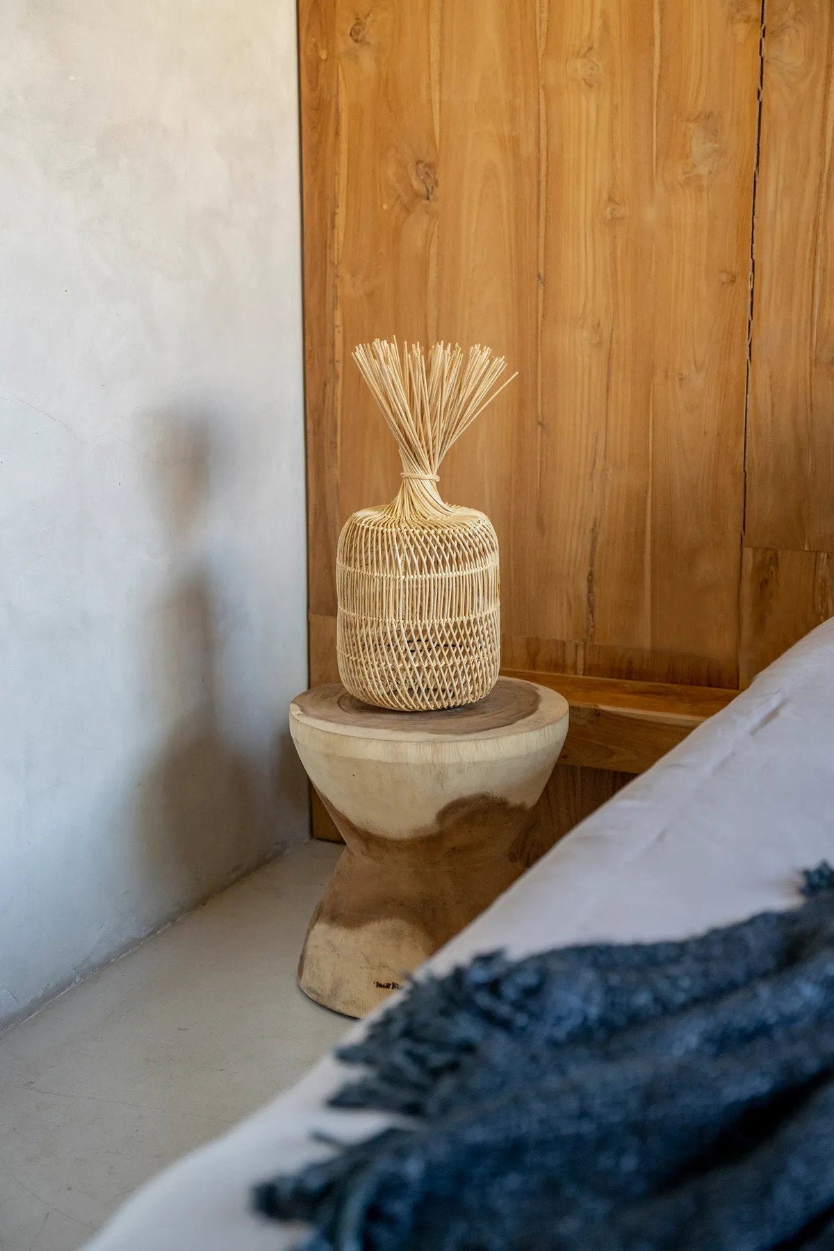 Dumpling Rattan Floor/Pendant Shade – Natural, Small — styled as a small table light