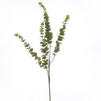 Full view of the Dustleaf Branch artificial foliage spray, with a long green stem and upright and outward-curving branches of rounded sage-green leaves on white.