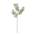 Full view of the artificial foliage stem against white, with a long bare lower stem and grey-green sprays branching above.