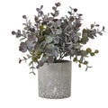 Dusty Coinleaf artificial plant with spreading stems and rounded grey-green and purple-brown leaves above a mottled pale grey cylindrical pot.