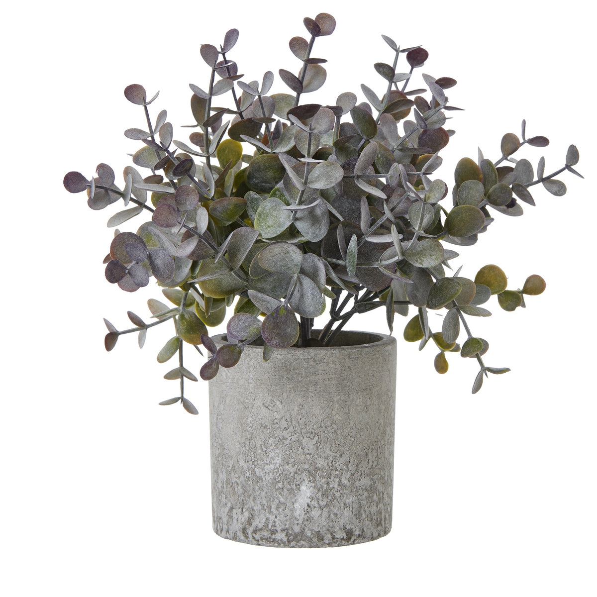 Dusty Coinleaf artificial plant with spreading stems and rounded grey-green and purple-brown leaves above a mottled pale grey cylindrical pot.
