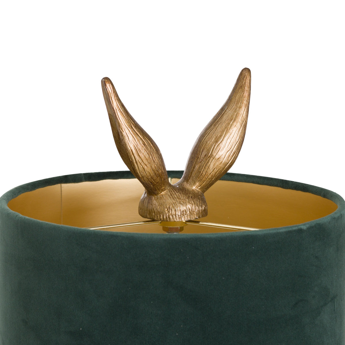 Antique-gold hare-ear finial above the dark-green shade, showing its gold-coloured interior and supports.