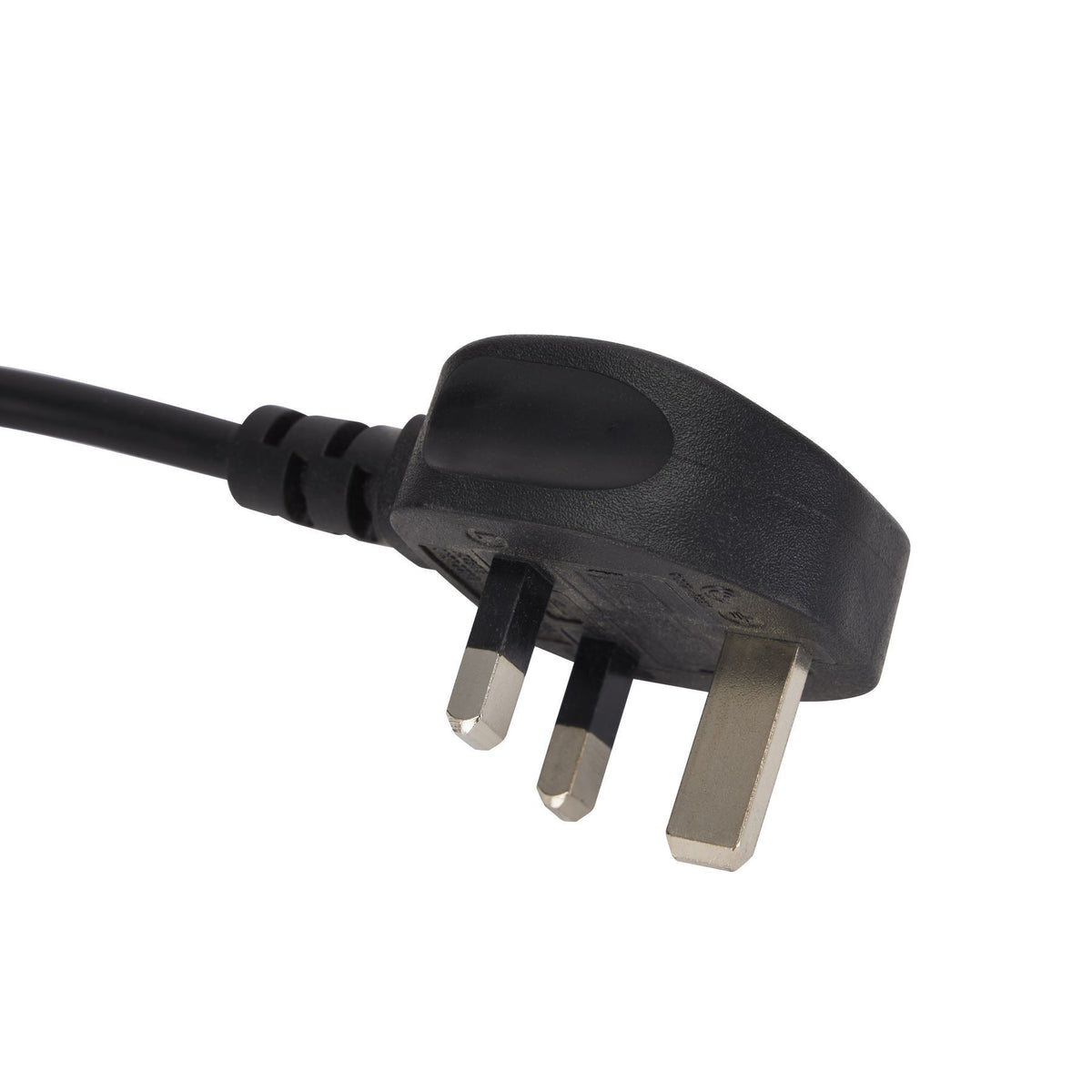 Close-up of a black UK-type three-pin plug and cord against a white background.