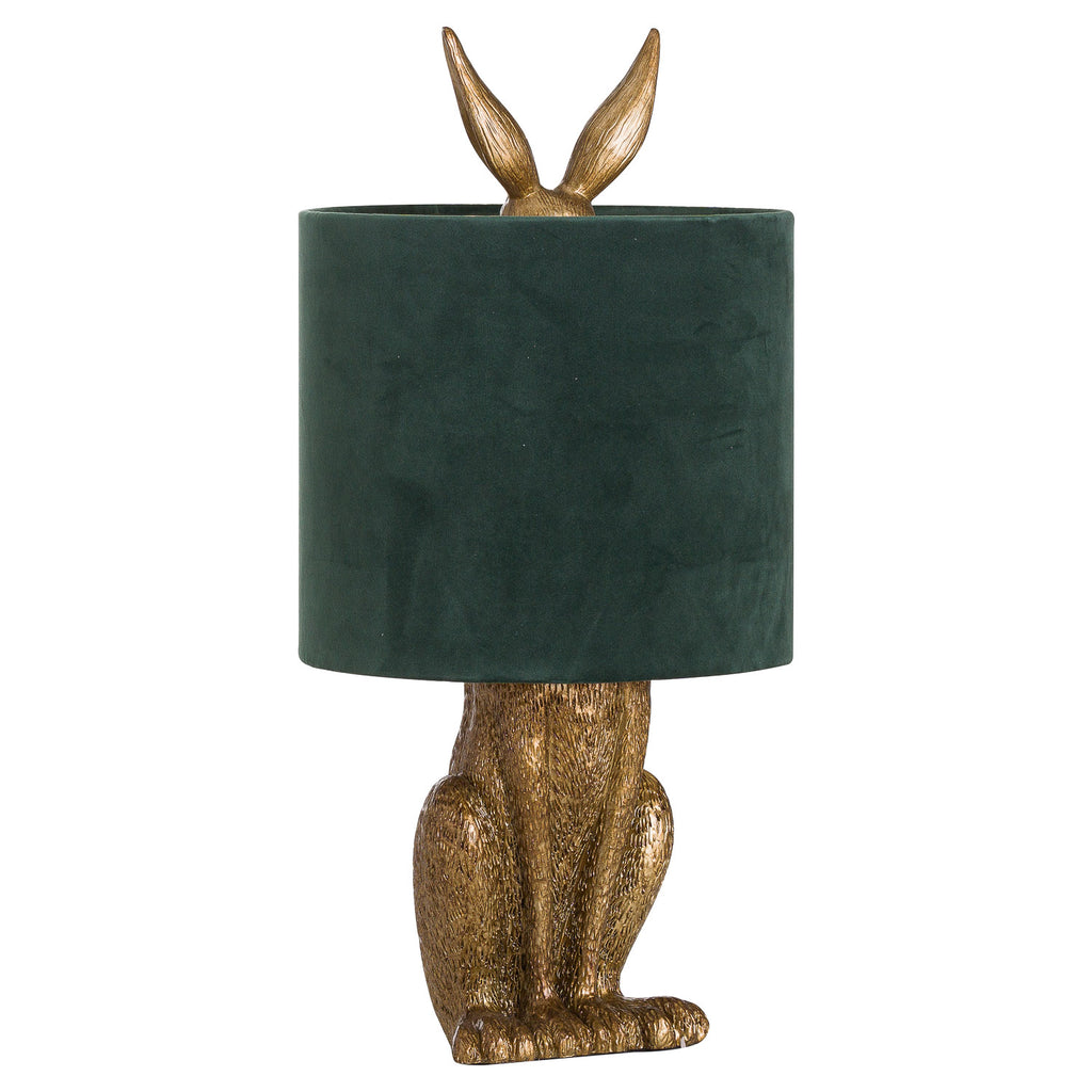 Hare table lamp with an antique-gold textured body, dark-green cylindrical shade and long ears projecting above.