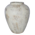 Rounded off-white floor vase with brown speckled markings, sloping shoulders and a short open neck, shown on a white background.