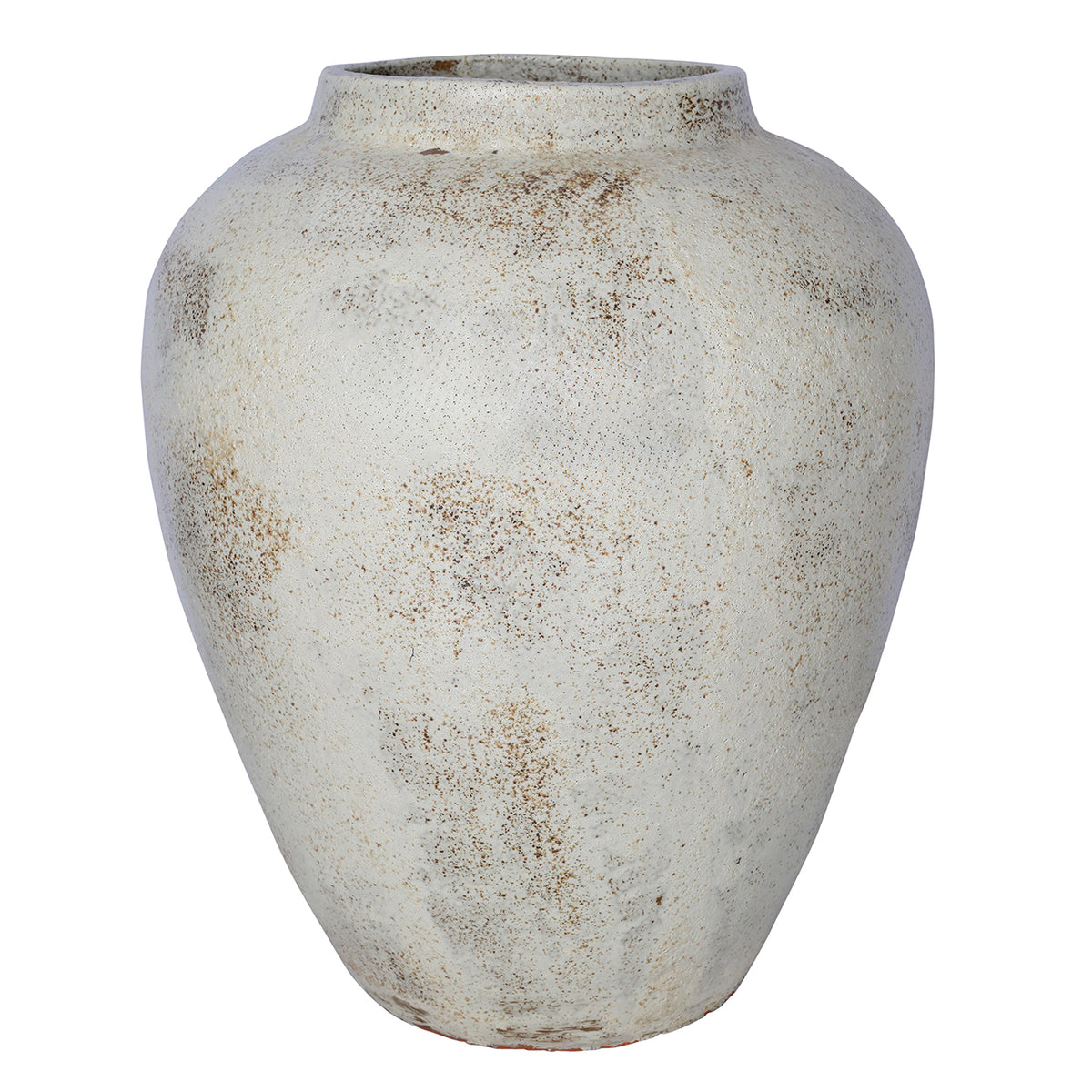 Rounded off-white floor vase with brown speckled markings, sloping shoulders and a short open neck, shown on a white background.