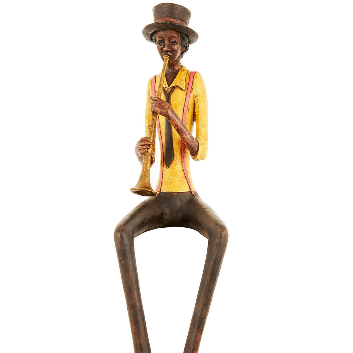 Closer view against white showing the trumpeter’s tall hat, dark tie, hands and gold-toned instrument, with the lower legs cropped.