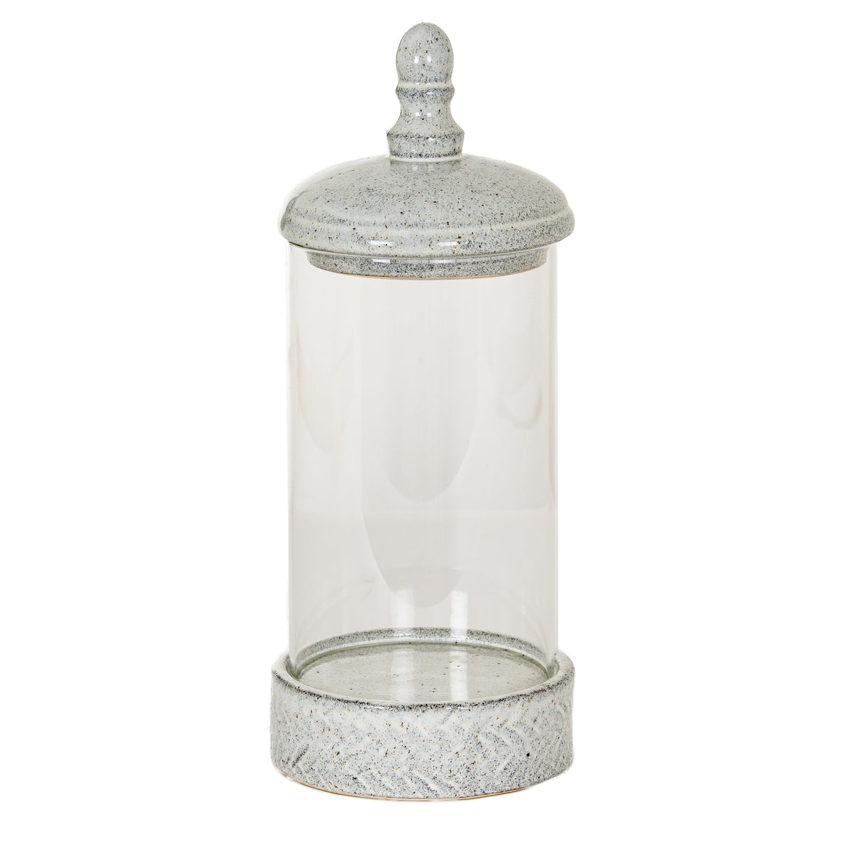 Tall cylindrical candle lantern with an empty clear chamber, pale grey-white speckled domed lid, egg-shaped finial and chevron-patterned base on a white background.