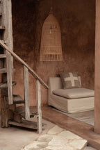 Elba Rattan Pendant Light – Natural, Large – two pendants styled in a warm lounge