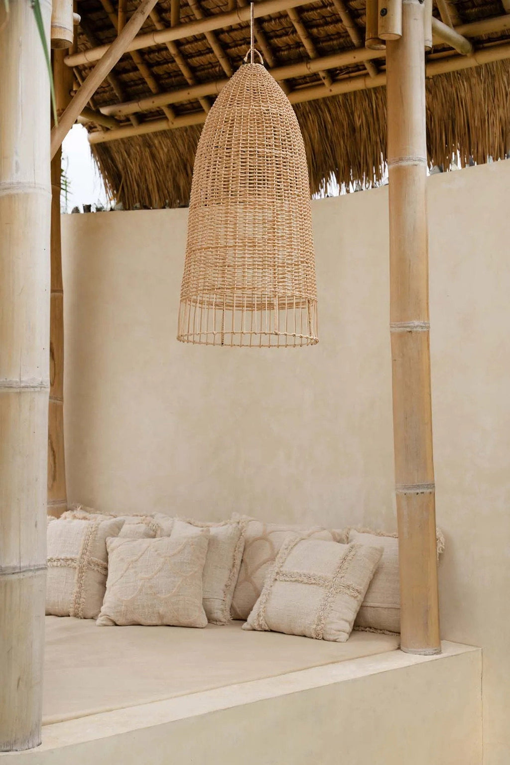 Elba Rattan Pendant Light – Natural, Large – three pendants in a bright interior