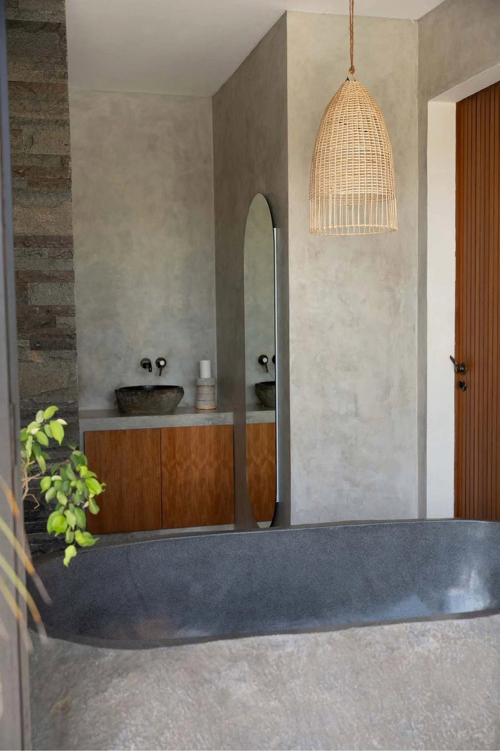 Elba Rattan Pendant Light – Natural, Medium – styled in a calm bathroom interior