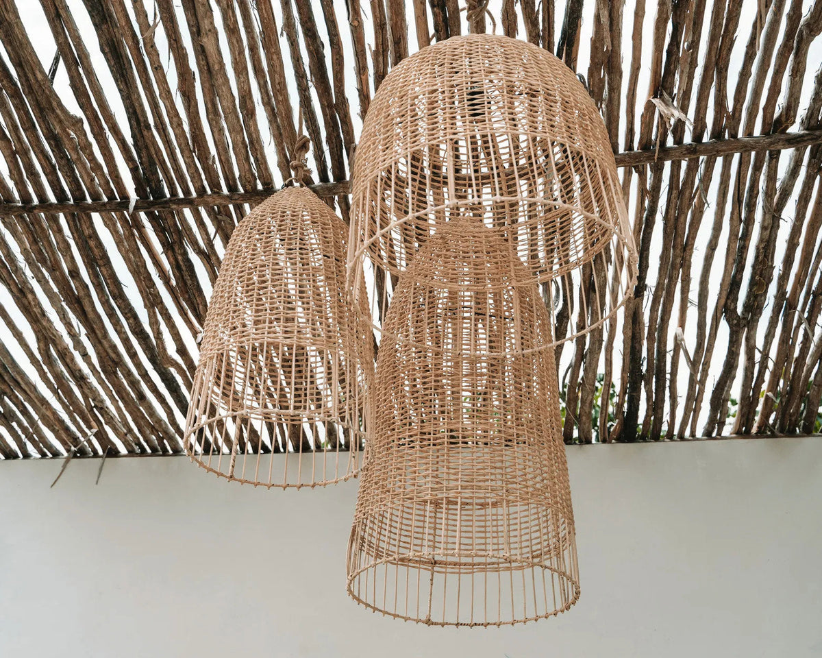Elba Rattan Pendant Light – Natural, Medium – grouped pendant family beneath a timber ceiling