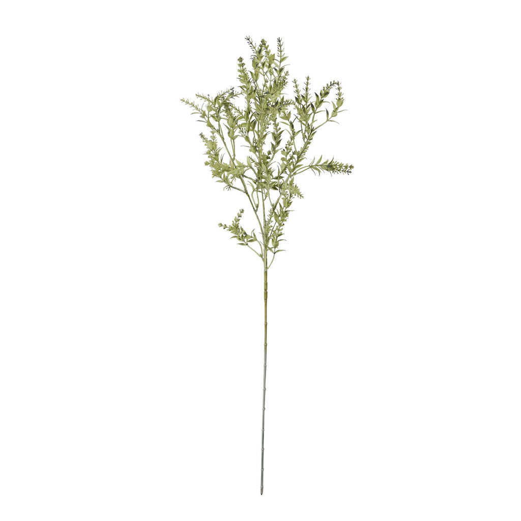 Full view of an artificial foliage stem on white, with a long pale-green stalk and airy branches of pointed leaves and small buds.