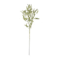 Full view of an artificial foliage stem on white, with a long pale-green stalk and airy branches of pointed leaves and small buds.