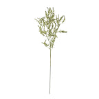 Full view of an artificial foliage stem on white, with a long pale-green stalk and airy branches of pointed leaves and small buds.