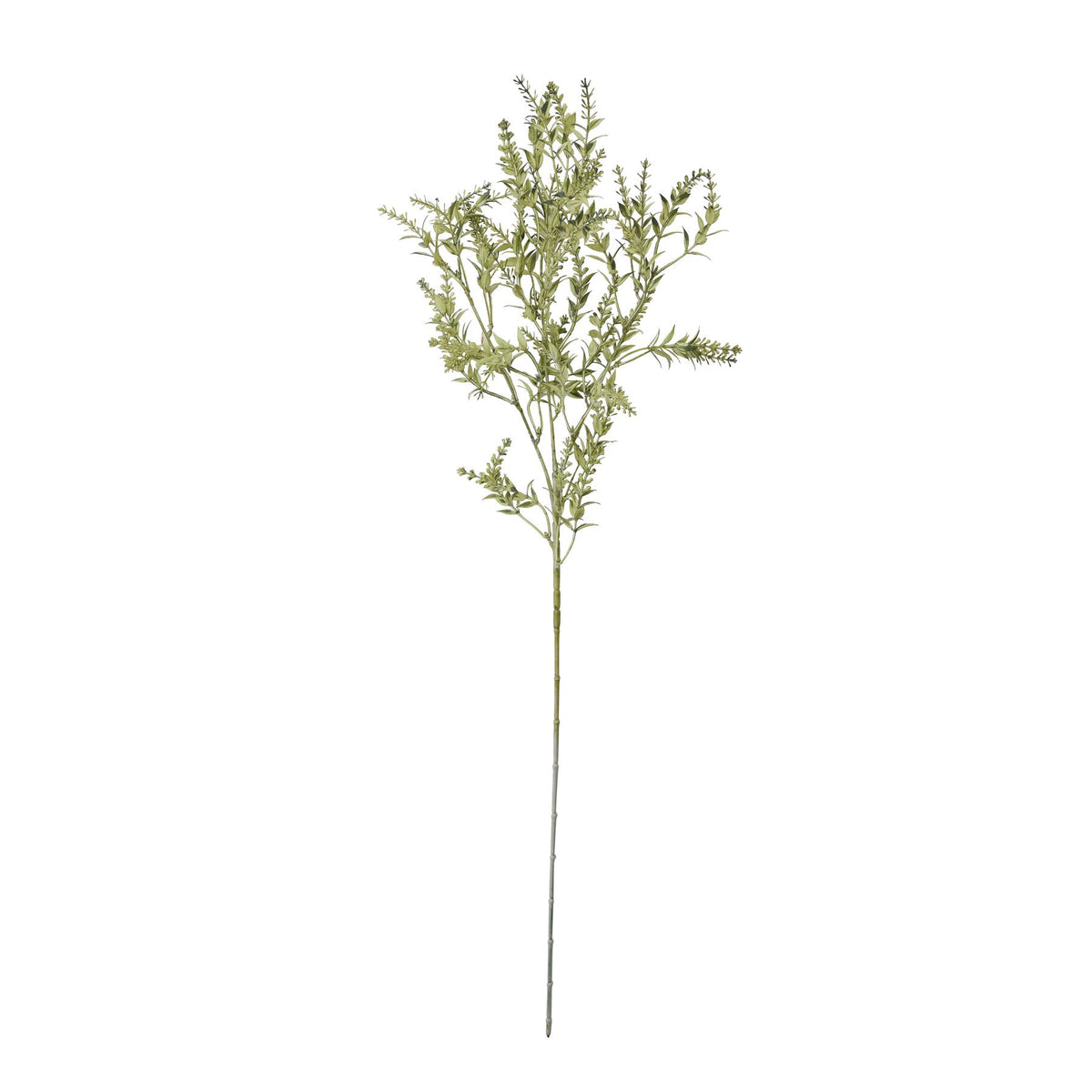 Full view of an artificial foliage stem on white, with a long pale-green stalk and airy branches of pointed leaves and small buds.
