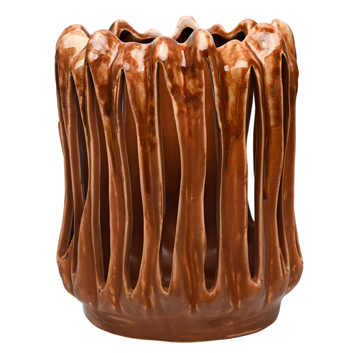 Ember candle holder with brown ceramic ribbons, elongated openings and a glossy amber-coloured wavy rim.
