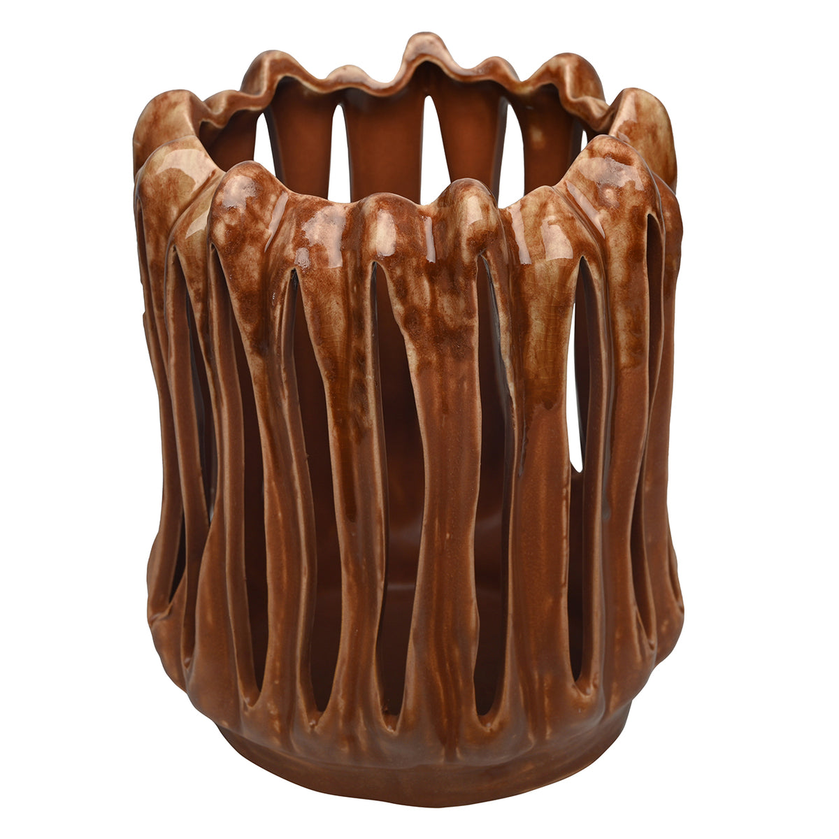 Elevated view of the Ember candle holder showing its open cavity, irregular rim and tall slots between ceramic ribbons.