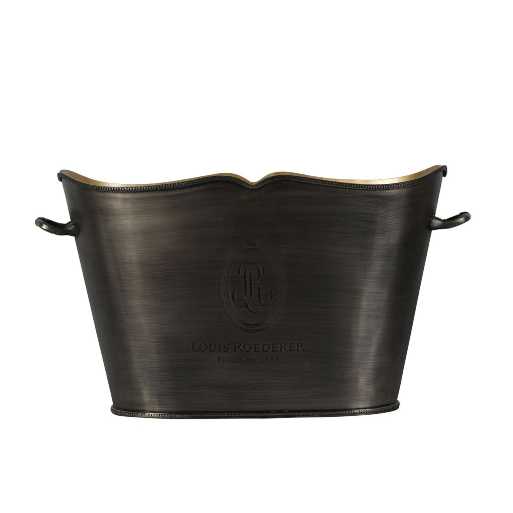 Front view of the dark silver oval champagne bucket with side handles, a shaped rim and Louis Roederer emblem.