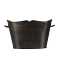 Front view of the dark silver oval champagne bucket with side handles, a shaped rim and Louis Roederer emblem.