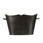 Front view of the dark silver oval champagne bucket with side handles, a shaped rim and Louis Roederer emblem.