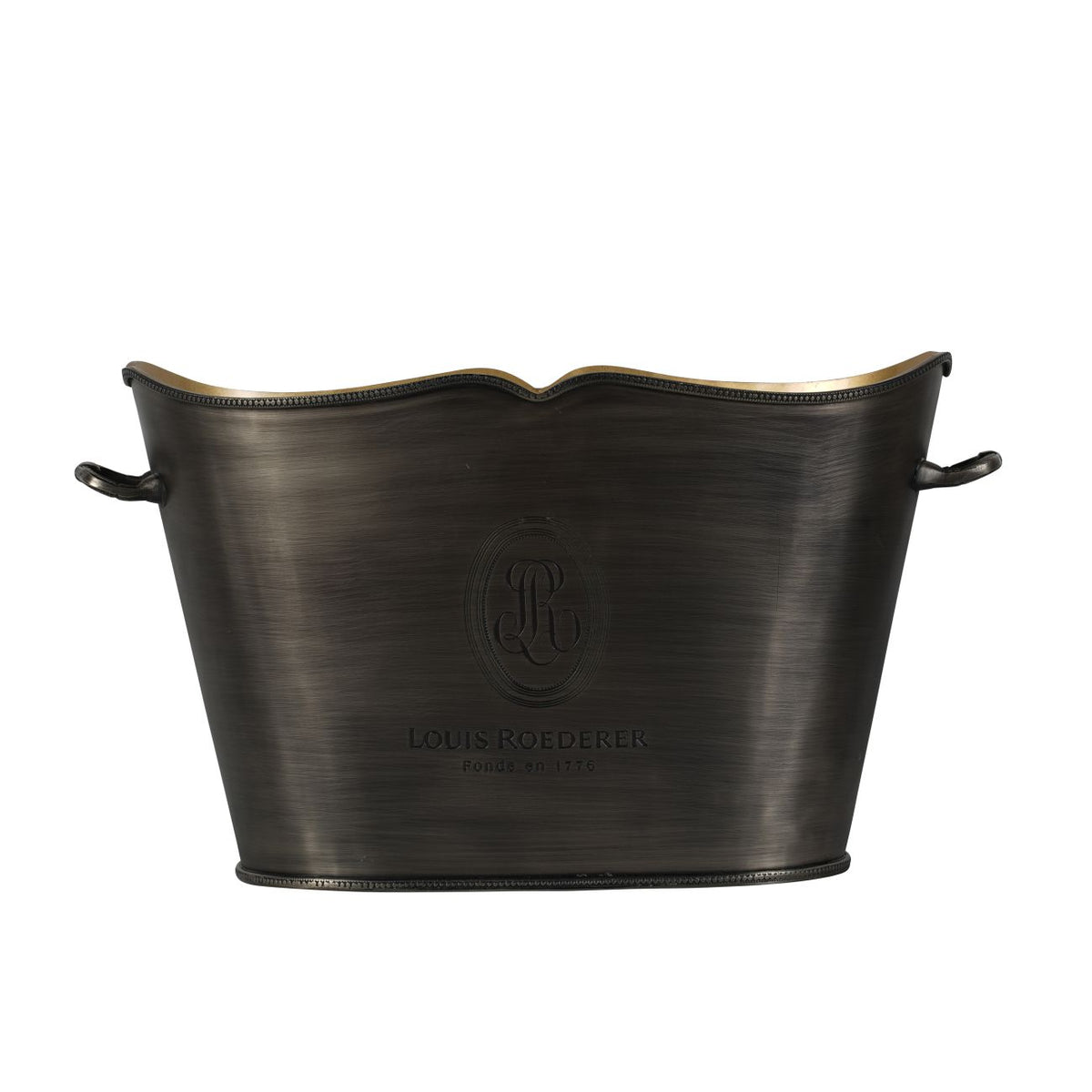 Front view of the dark silver oval champagne bucket with side handles, a shaped rim and Louis Roederer emblem.