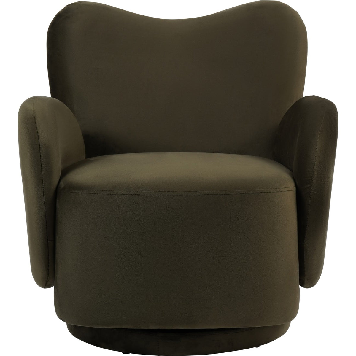Front view of the green velvet armchair with rounded back shoulders, a shallow central dip and upright oval arms.