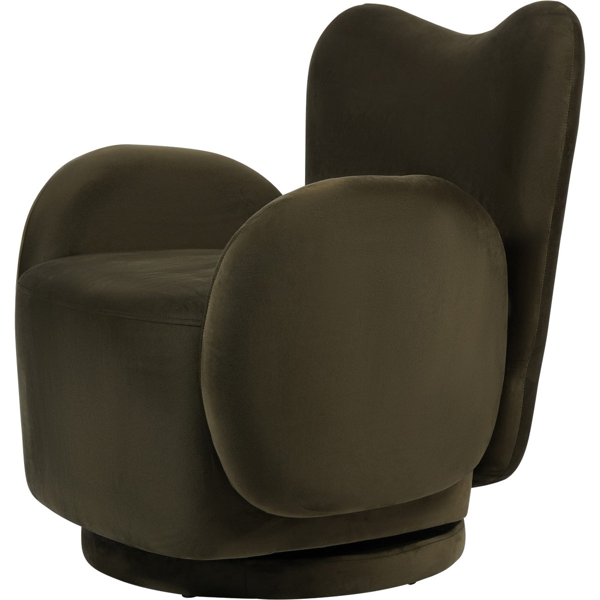 Three-quarter view of the green velvet armchair showing its winged back, oval arms and recessed circular base.