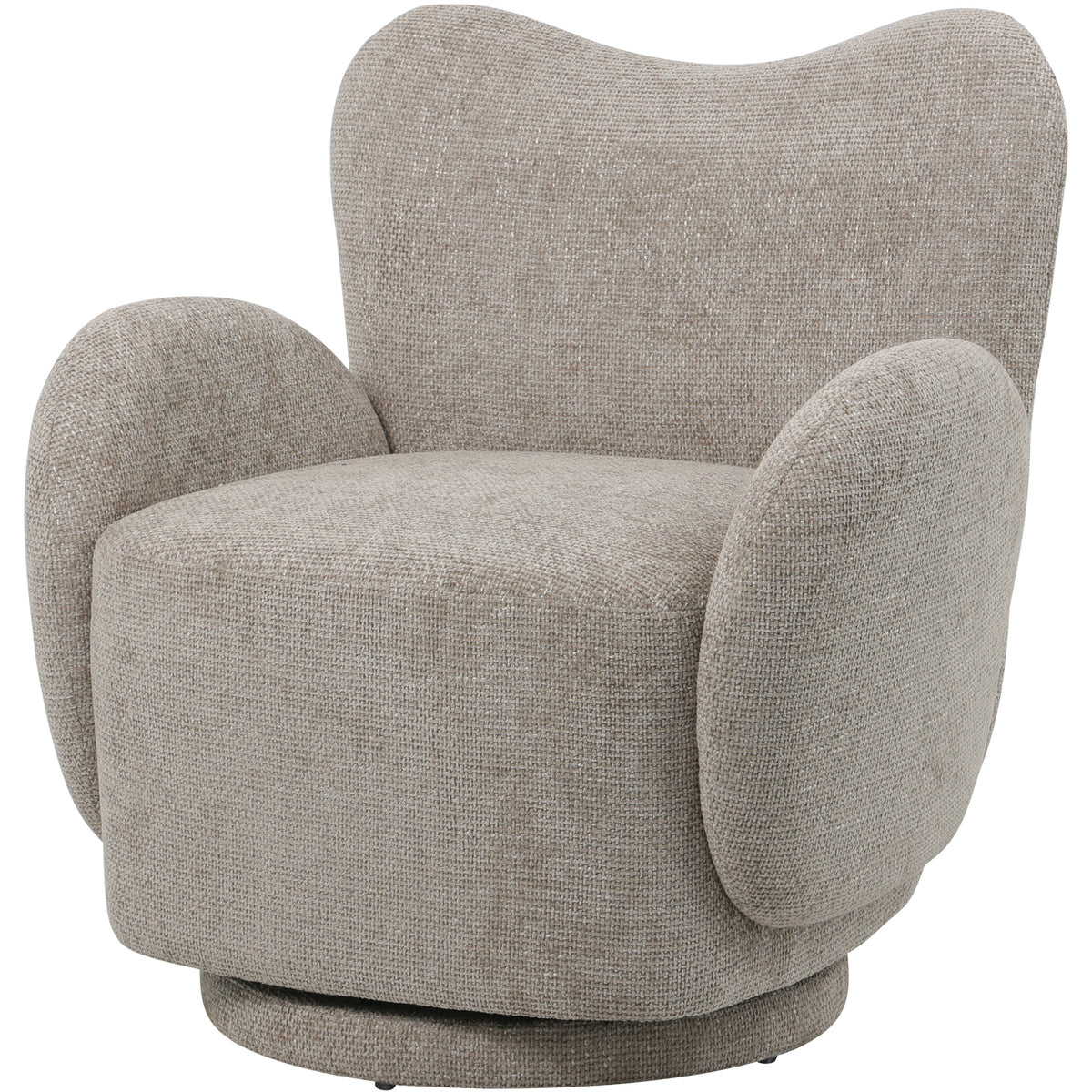 Three-quarter view of the neutral chenille armchair showing rounded oval arms, a broad curved seat and recessed circular plinth.
