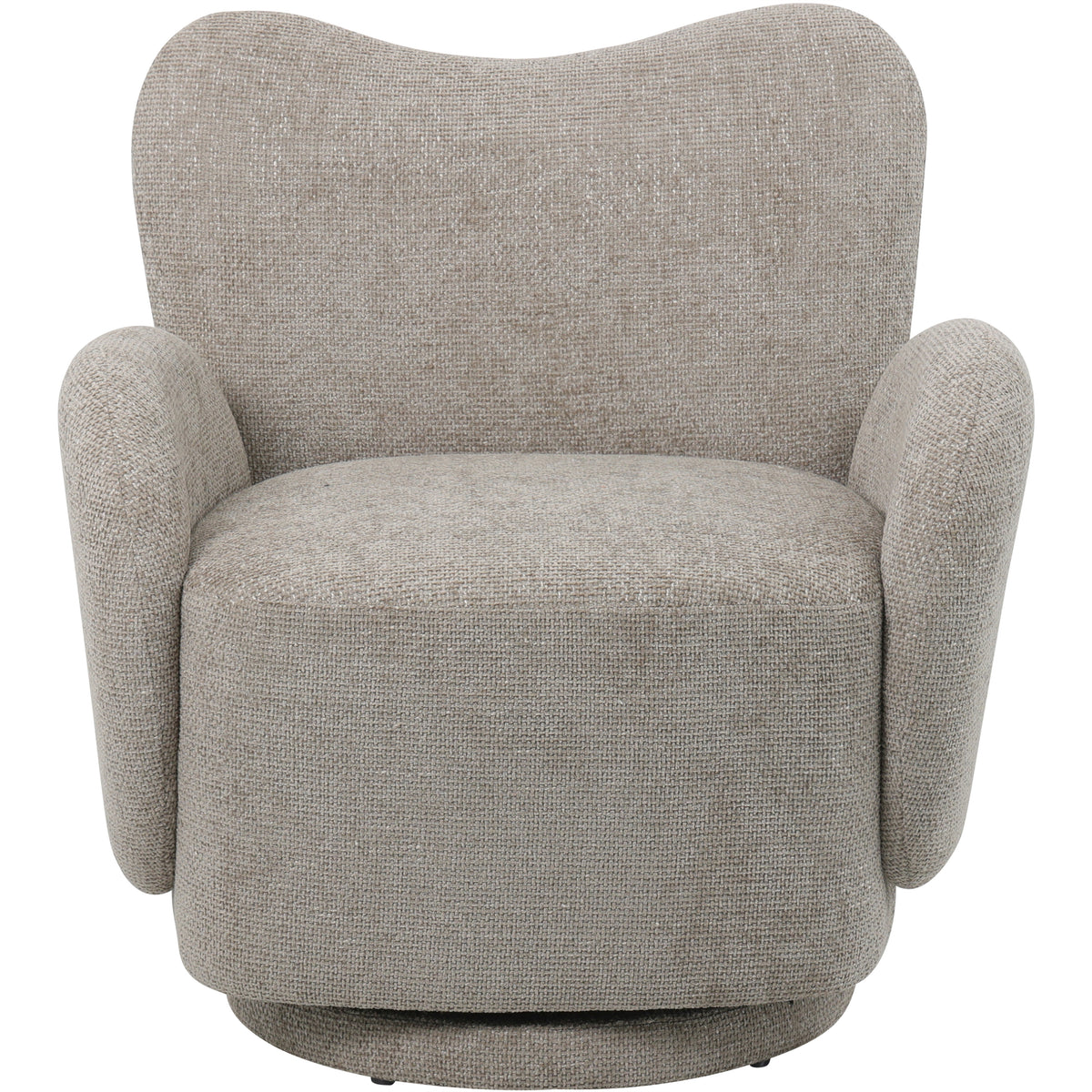 Front view of the neutral textured armchair with a high winged back, subtle double crest and rounded arms.