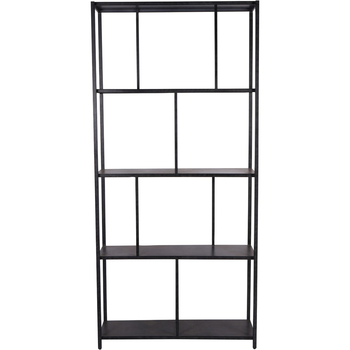Front view of the Entablature shelving unit with rectangular shelves and an open grid of differently proportioned bays.