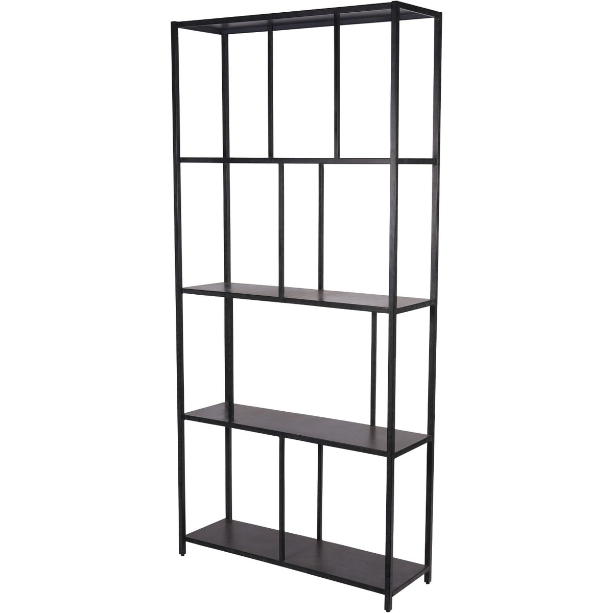 Angled view of the tall charcoal black shelving unit, showing its open sides and asymmetric upright divisions.