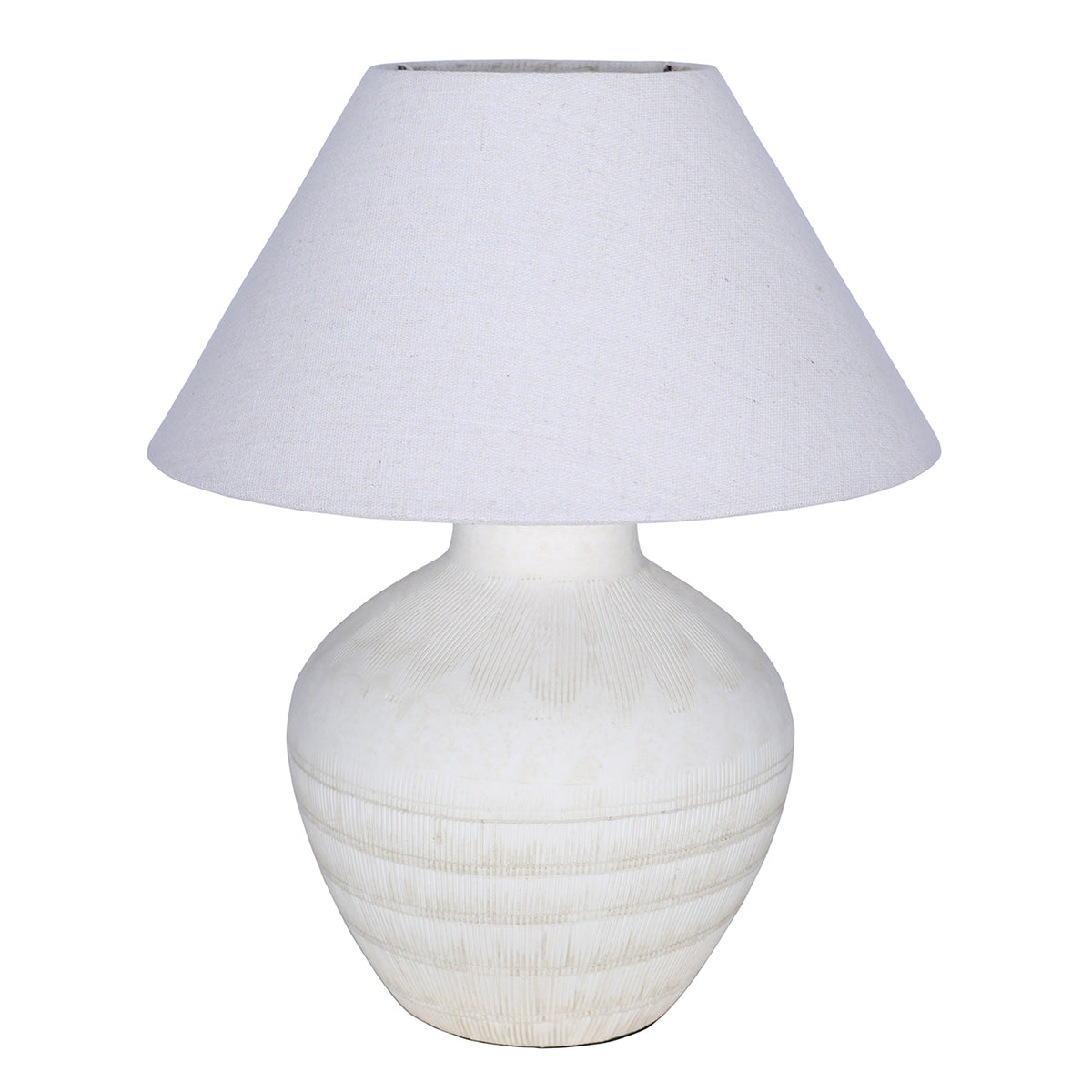 White table lamp with a rounded etched ceramic base and wide tapered fabric shade on a white background.