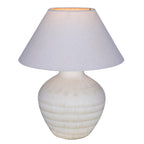 White ceramic table lamp switched on, with a warm glow visible inside the top of its tapered shade.