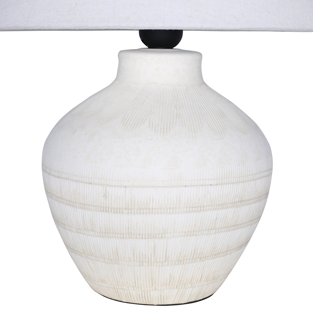 Close view of the rounded ceramic lamp base showing fine etched shoulder lines and horizontal bands beneath the shade.