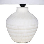 Close view of the rounded ceramic lamp base showing fine etched shoulder lines and horizontal bands beneath the shade.