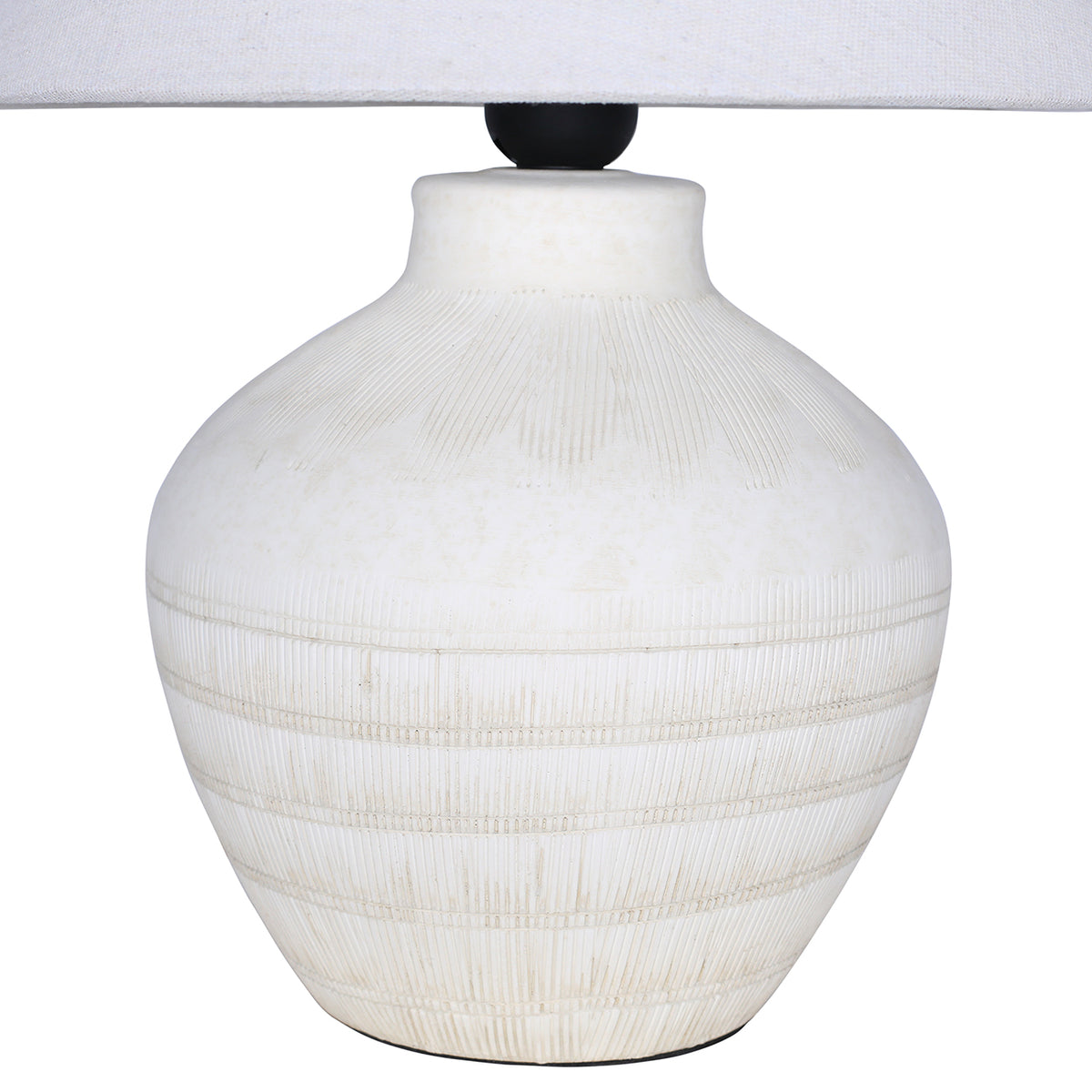 Close view of the rounded ceramic lamp base showing fine etched shoulder lines and horizontal bands beneath the shade.