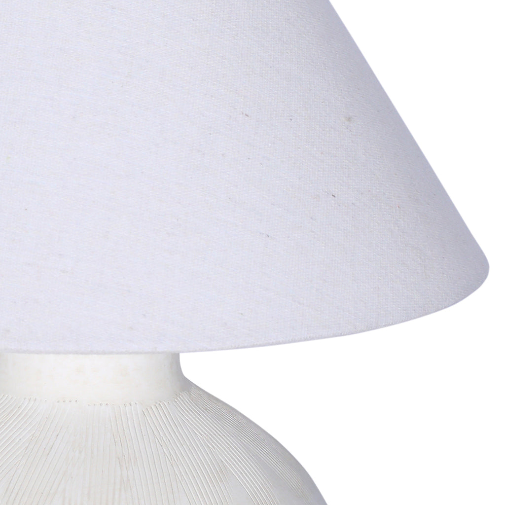 Detail of the pale woven fabric shade and the fine lines etched around the ceramic shoulder below it.