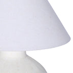 Detail of the pale woven fabric shade and the fine lines etched around the ceramic shoulder below it.