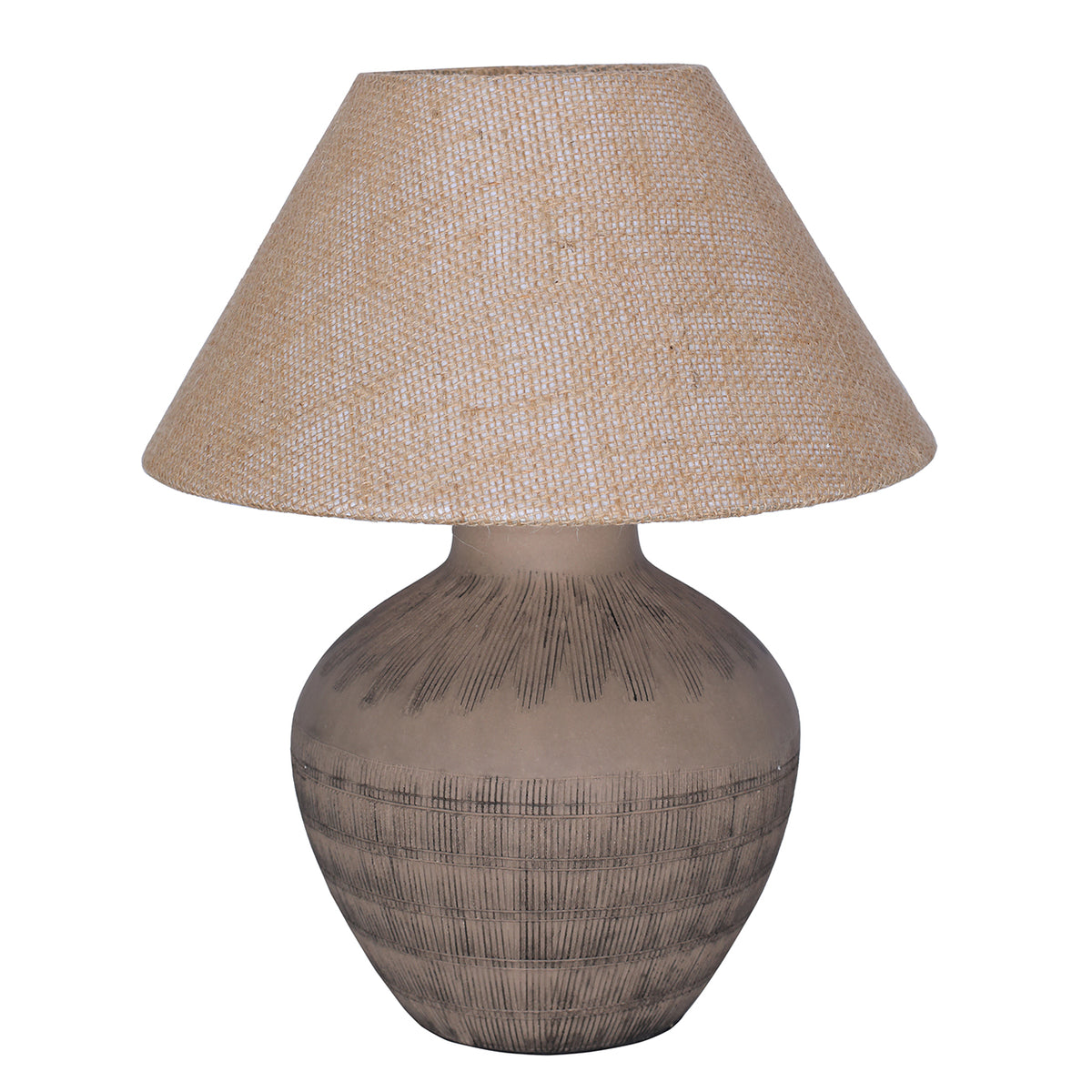 Brown table lamp with a rounded etched ceramic base and wide, tapered beige hessian shade on a white background.