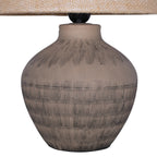 Close view of the rounded ceramic lamp base, showing radiating etched lines at the shoulder and horizontal bands below.