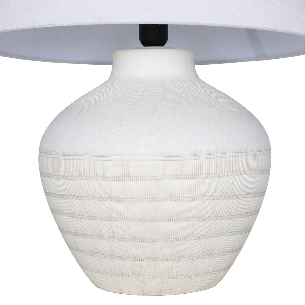Close view of the rounded white ceramic base, showing fine etched lines at the shoulder and horizontal bands beneath the shade.