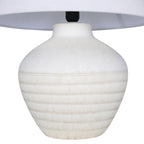 Close view of the rounded white ceramic base, showing fine etched lines at the shoulder and horizontal bands beneath the shade.