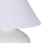 Detail of the pale fabric shade's woven surface and curved lower edge above the etched shoulder of the ceramic base.