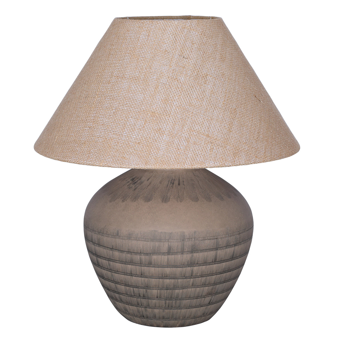 Unlit table lamp with a rounded brown etched ceramic base and wide tapered woven shade on a white background.