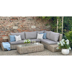 Corner seating against a brick wall, shown with grey seat and back cushions, blue and geometric scatter cushions, a blue throw on the left platform and a woven table in front.
