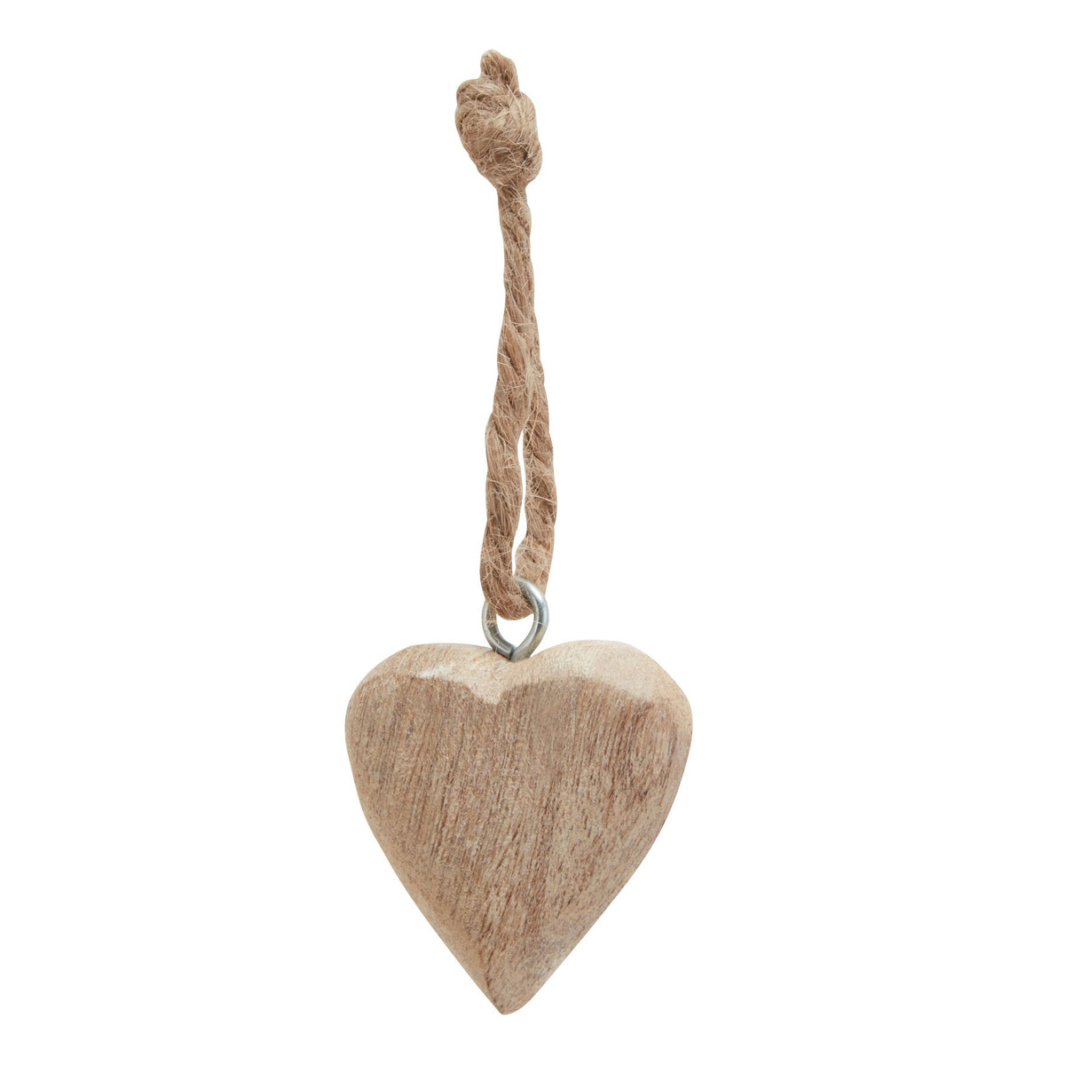 Pale tan rounded heart with grain-like markings, a silver-coloured eyelet and a long knotted tan hanging loop against white.