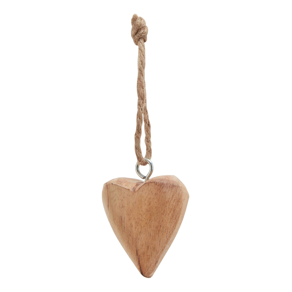 Warm brown heart with varied grain-like markings and rounded edges, suspended from a silver-coloured eyelet and knotted tan loop.