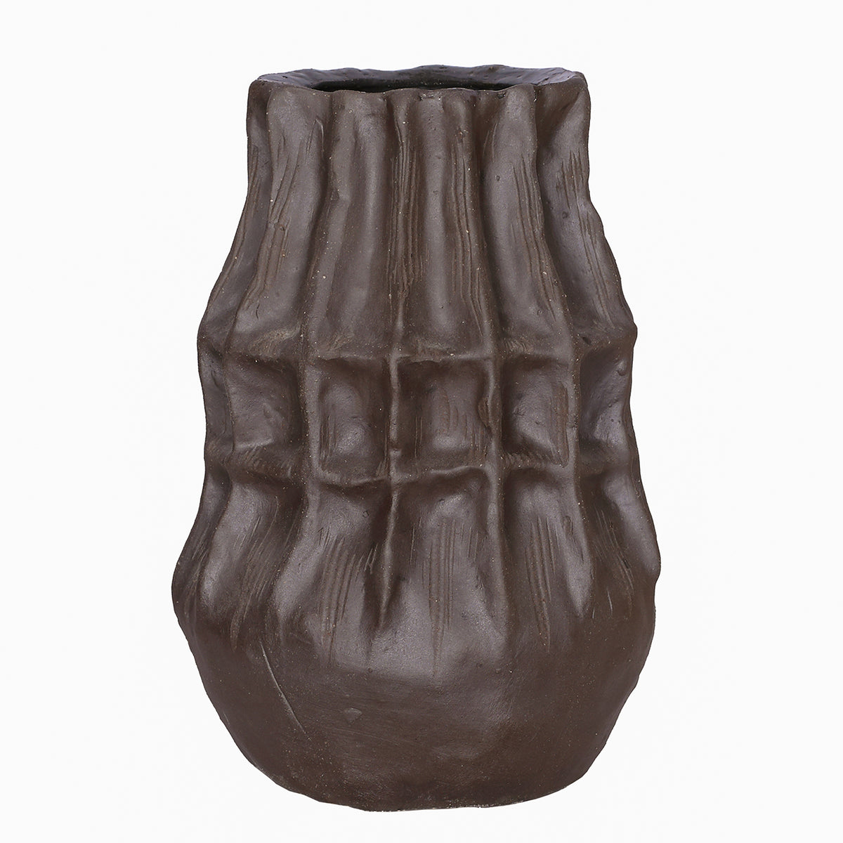 Front view of a deep brown vase with stacked angular facets, vertical grooves and a rounded base.